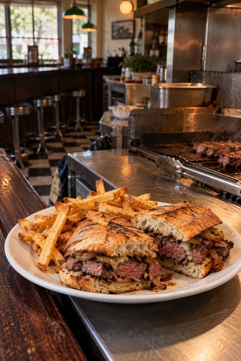 Steak sandwich and fries beside the grill